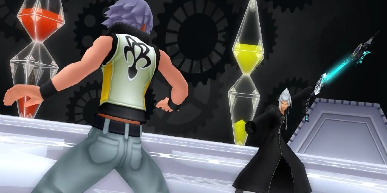 Riku and Young Xehanort facing each other before their final battle begins