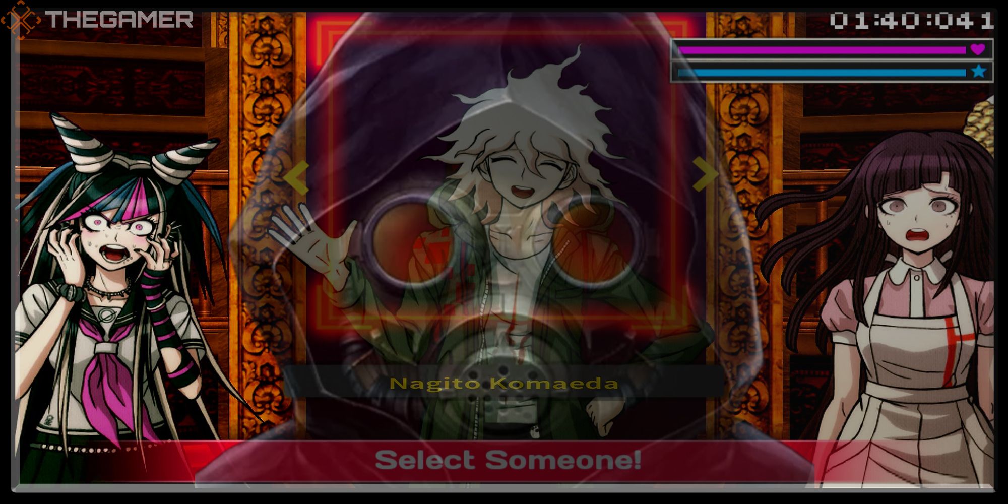 Zero observes Danganronpa 2 gameplay on a TV monitor. Feature Image for TheGamer.