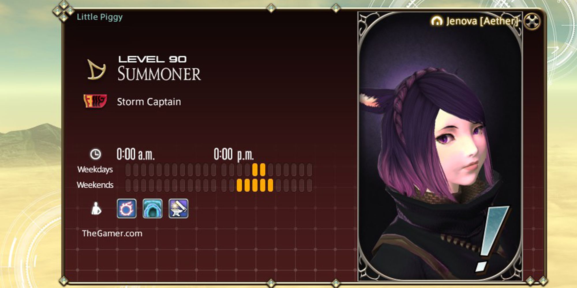 adventurer plate example, showcasing class, available hours, and portrait