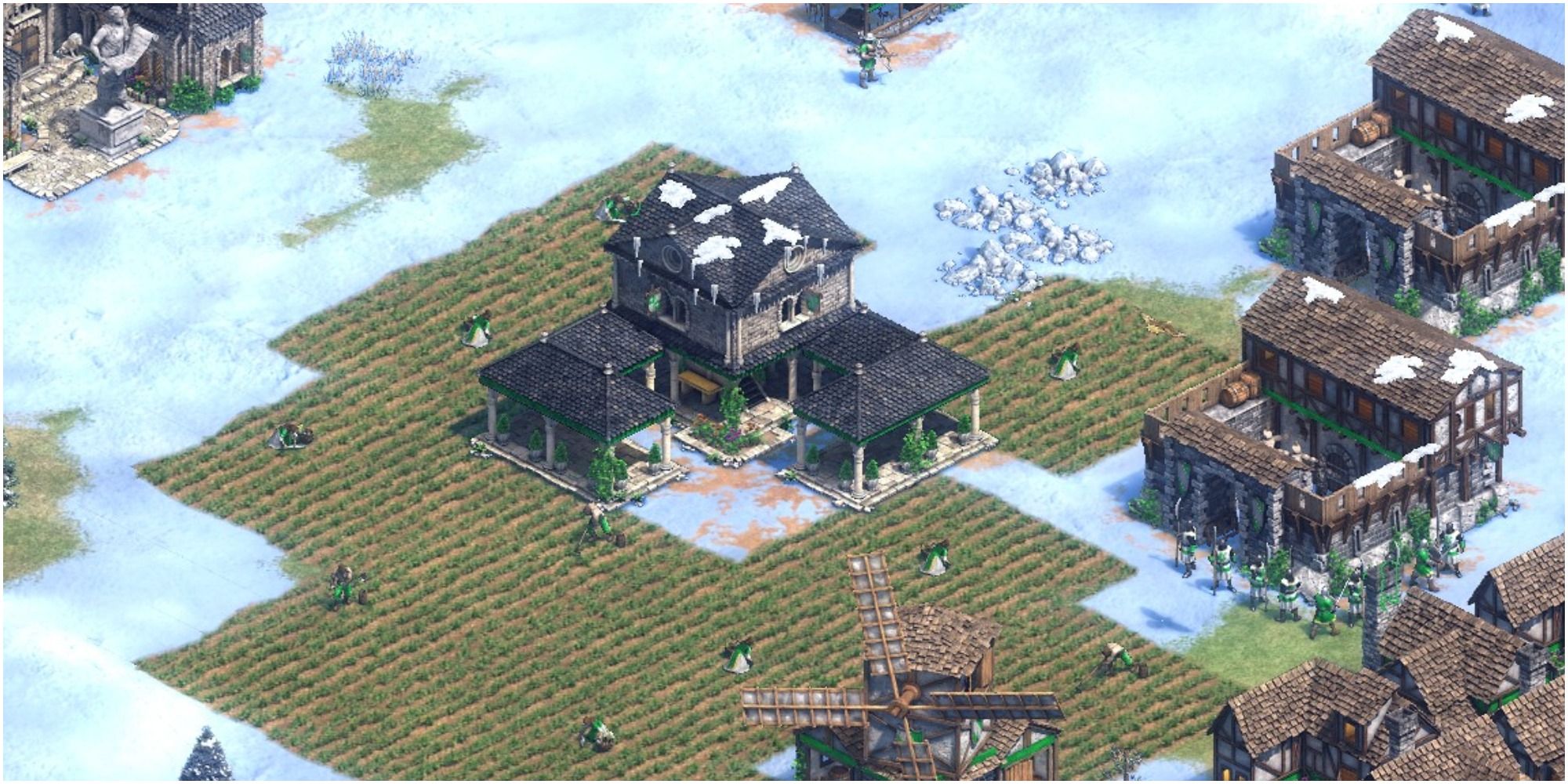 Age of Empires 2 Town Center In Snow with many farms