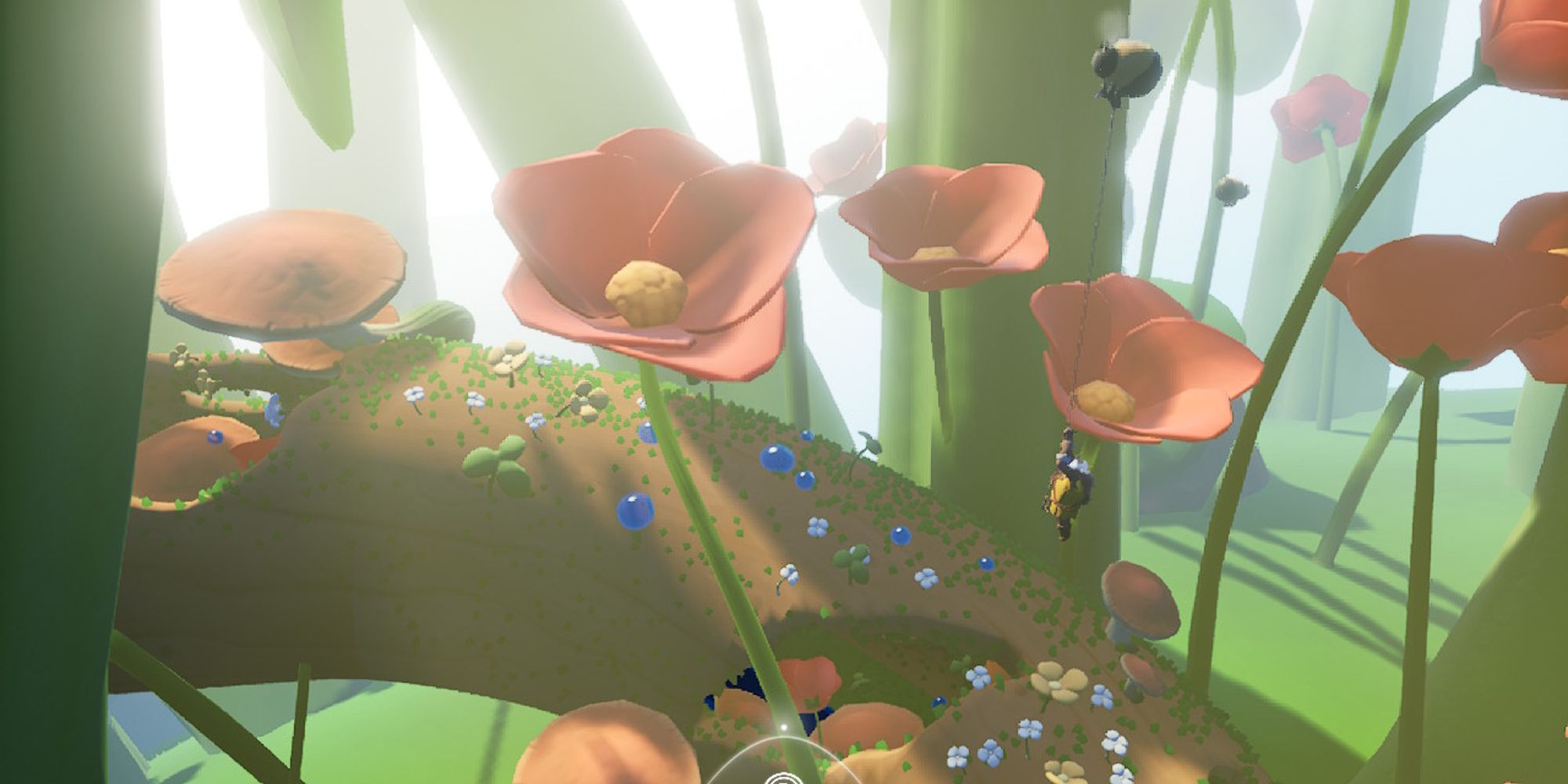 player gliding from a red flower in the second level of the game