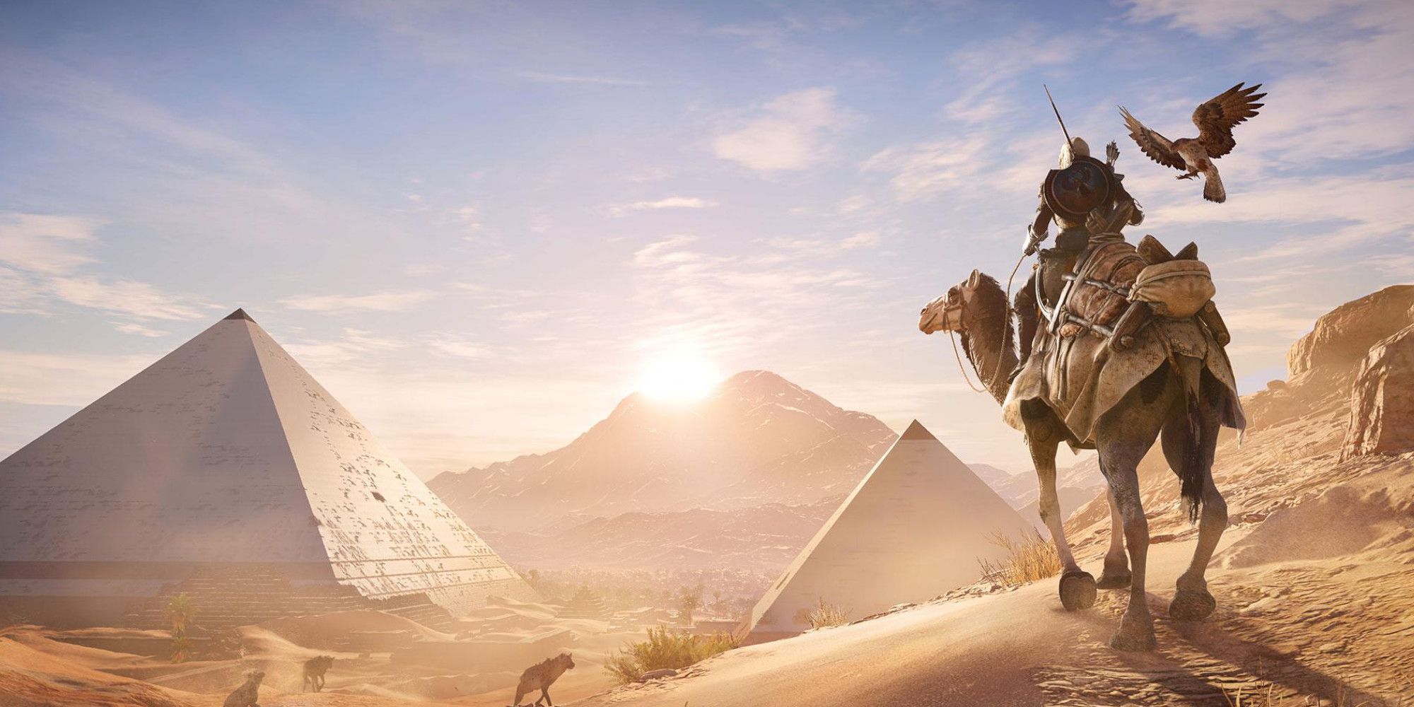 assassin's creed origins bayek on a horse looking at the pyramids