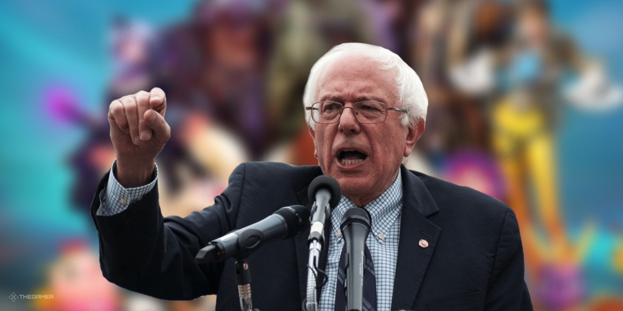 Bernie Sanders in front of a blurred image of Activision Blizzard game characters