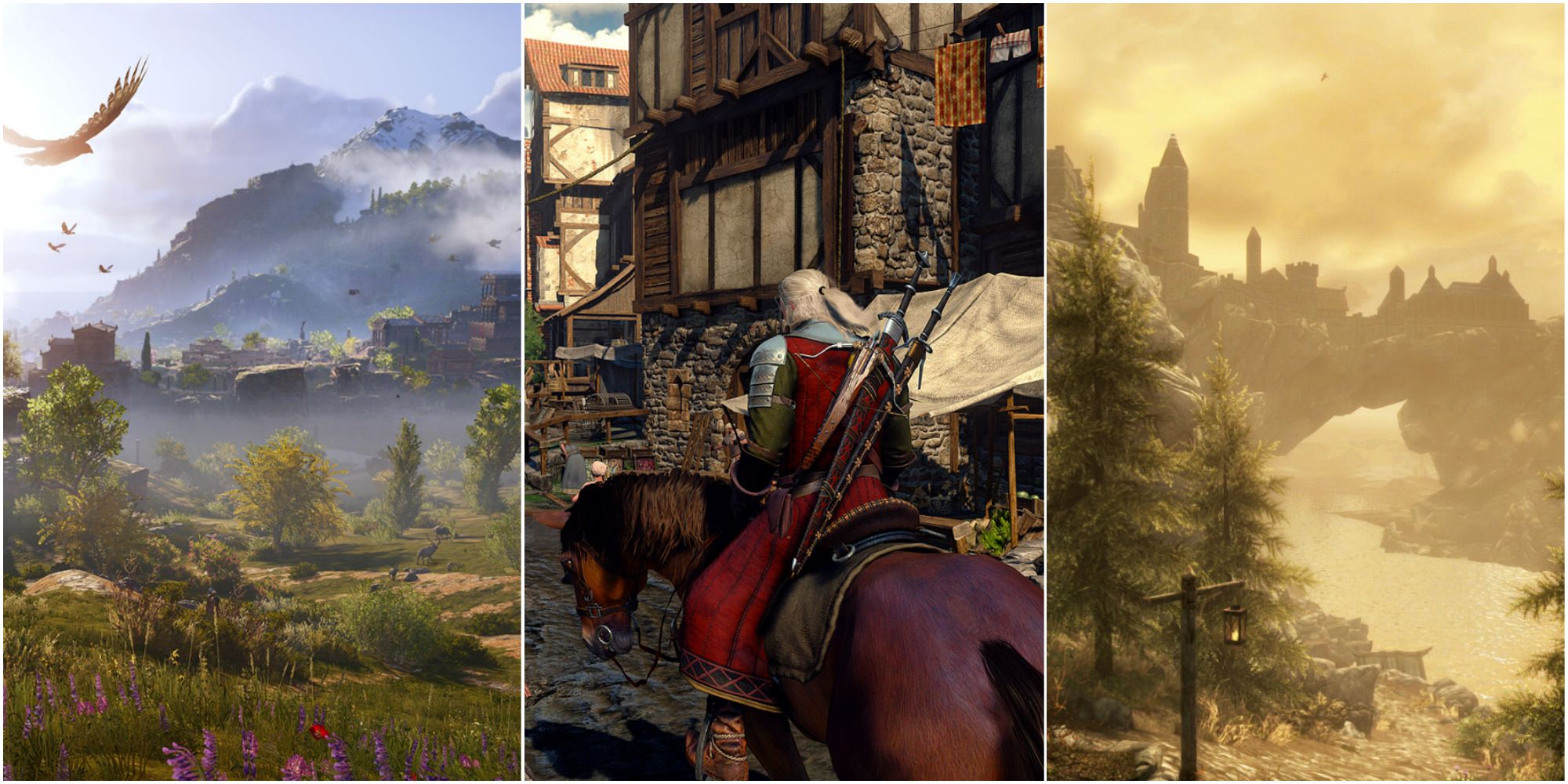 bird flying in beautiful Greek landscape in assassins creed odyssey, geralt riding a horse in town in the witcher 3 wild hunt, view of arch city in skyrim