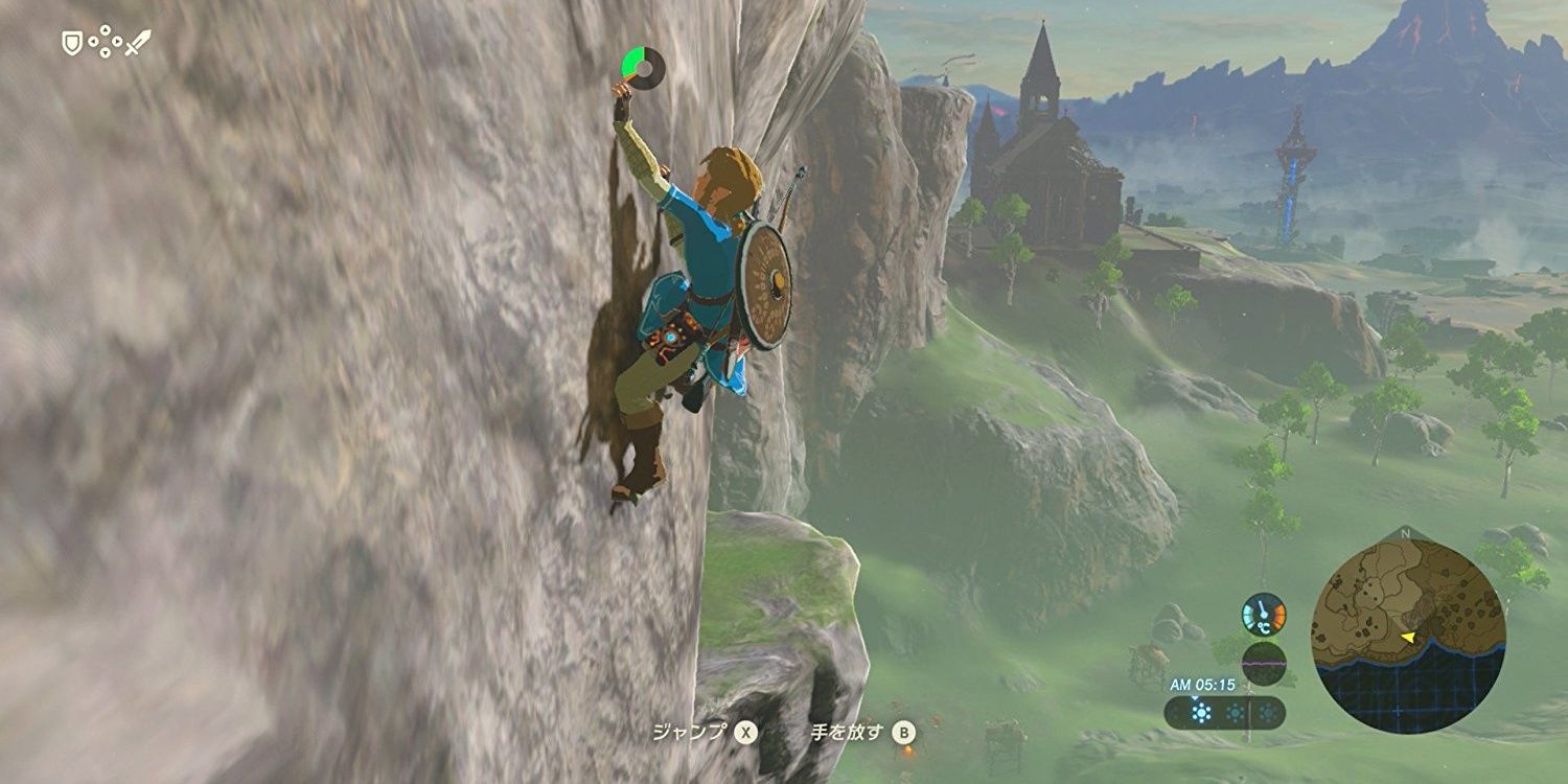 A screenshot showing Link climbing up a cliff face in The Legend of Zelda: Breath of the Wild