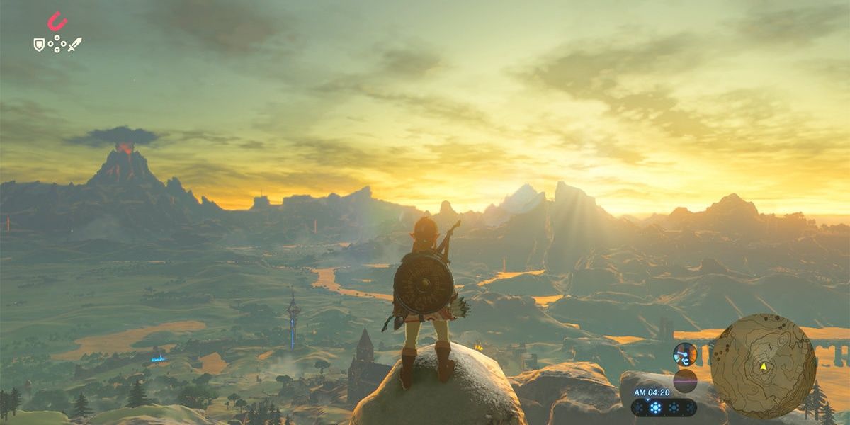 A screenshot showing Link overlooking Hyrule in The Legend of Zelda: Breath of the Wild