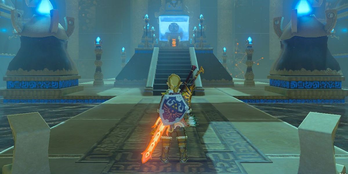 A screenshot showing Link standing inside a shrine in The Legend of Zelda: Breath of the Wild