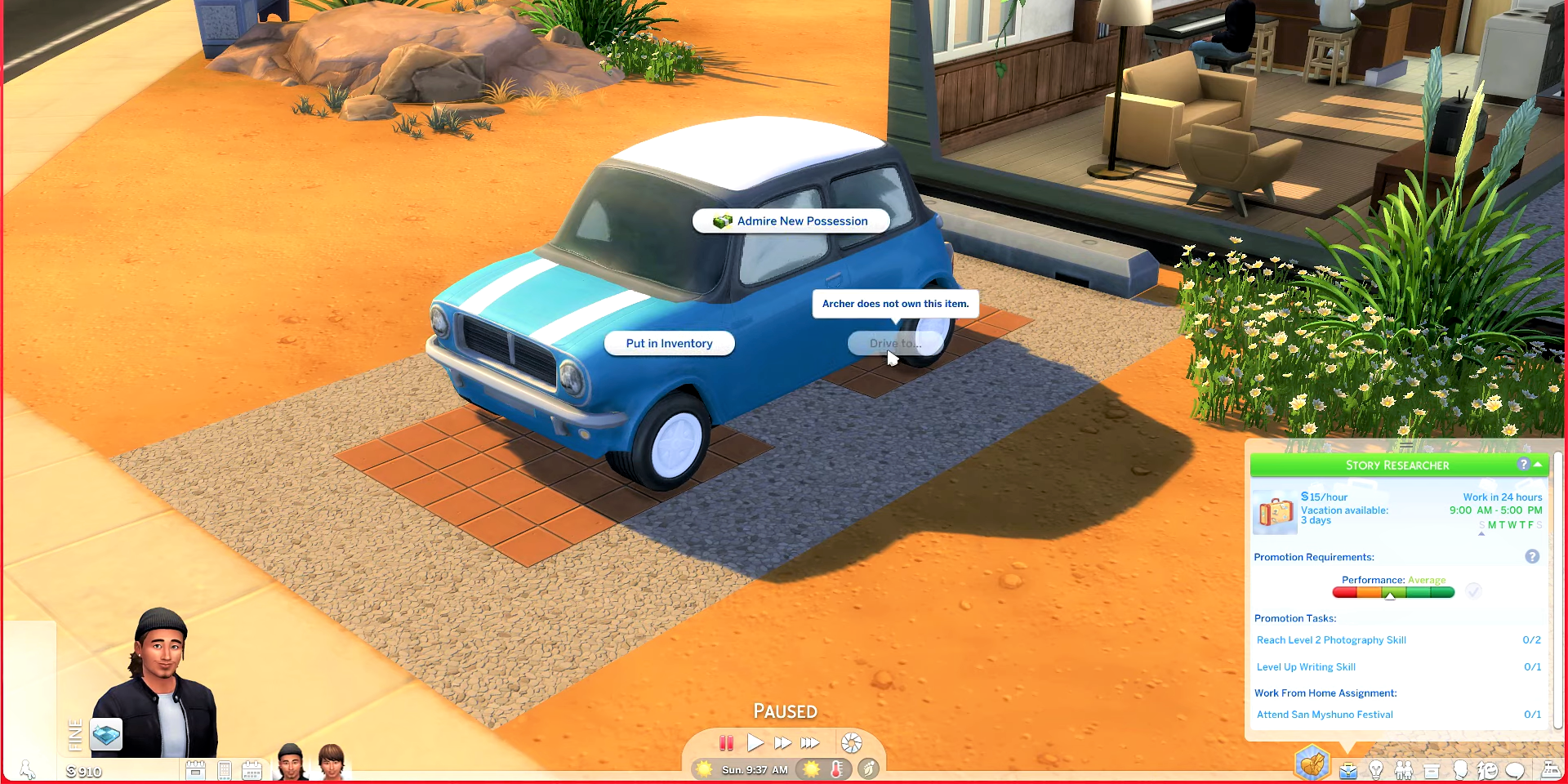 A Sim just bought a car, but the pie menu indicates that they cannot drive it because they don't actually own it yet.