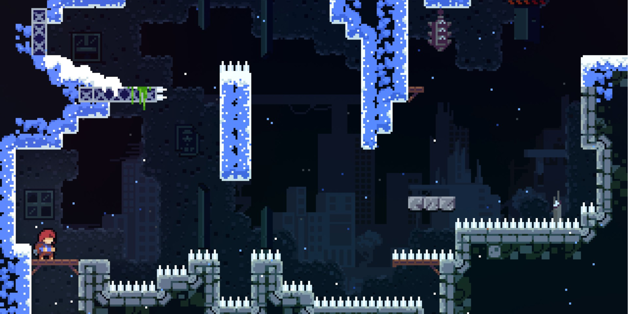 Celeste player in a level with multiple spiked traps