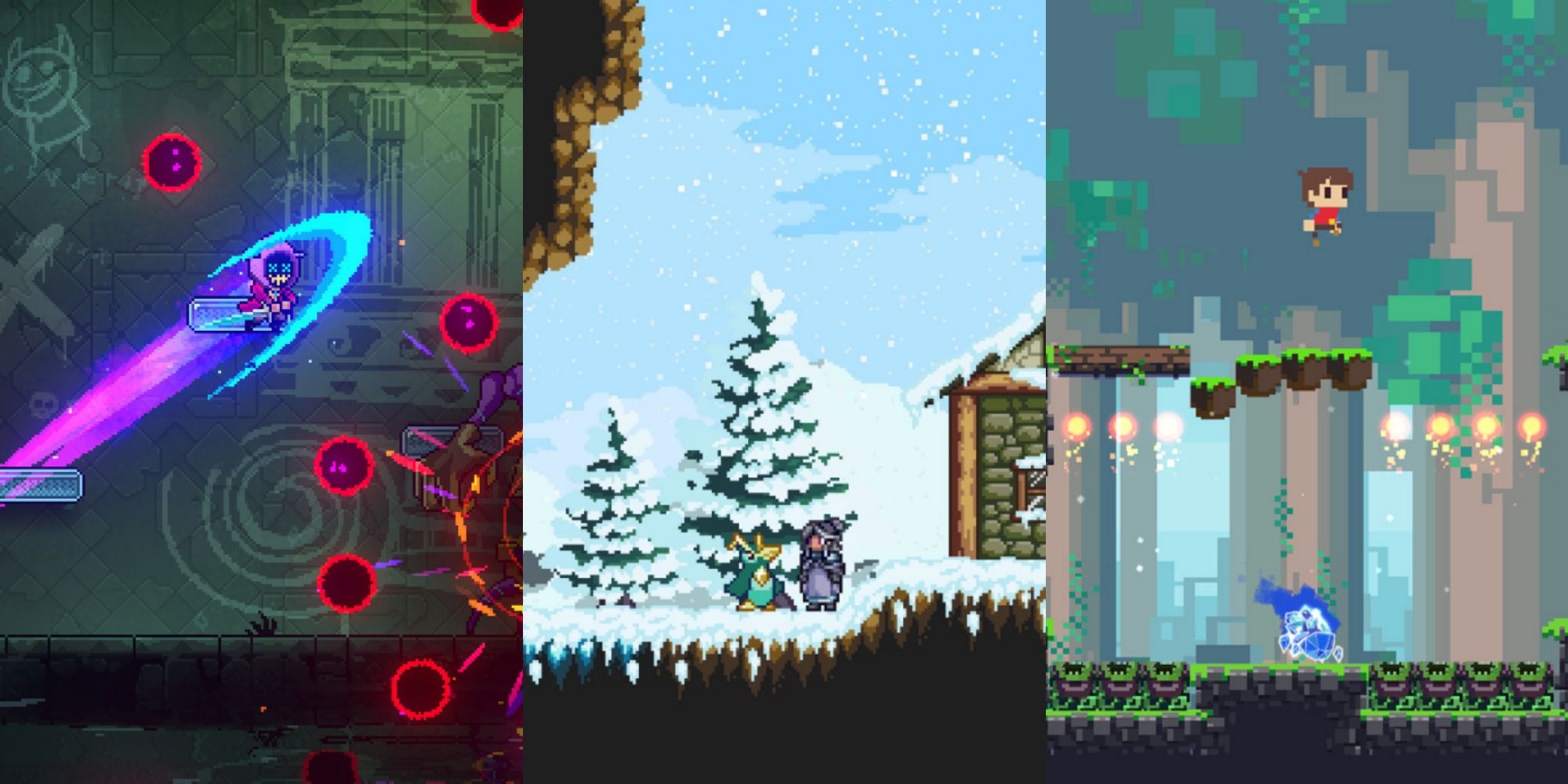 character fighting in neon abyss, two characters talking in snow world in monster sanctuary, pip jumping over baddie in adventures of pip featured