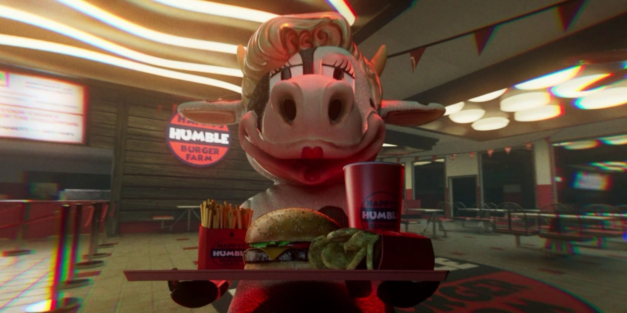 cow mascot holding burger order in happy's humble burger farm