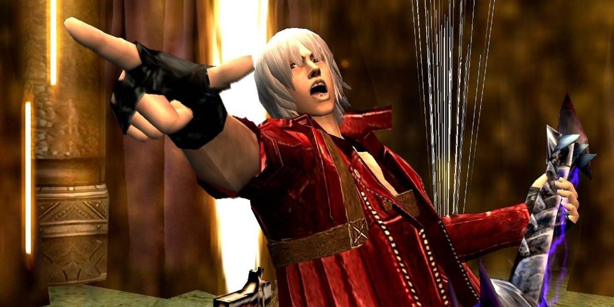 A screenshot showing Dante striking a pose with a guitar in Devil May Cry 3: Dante's Awakening