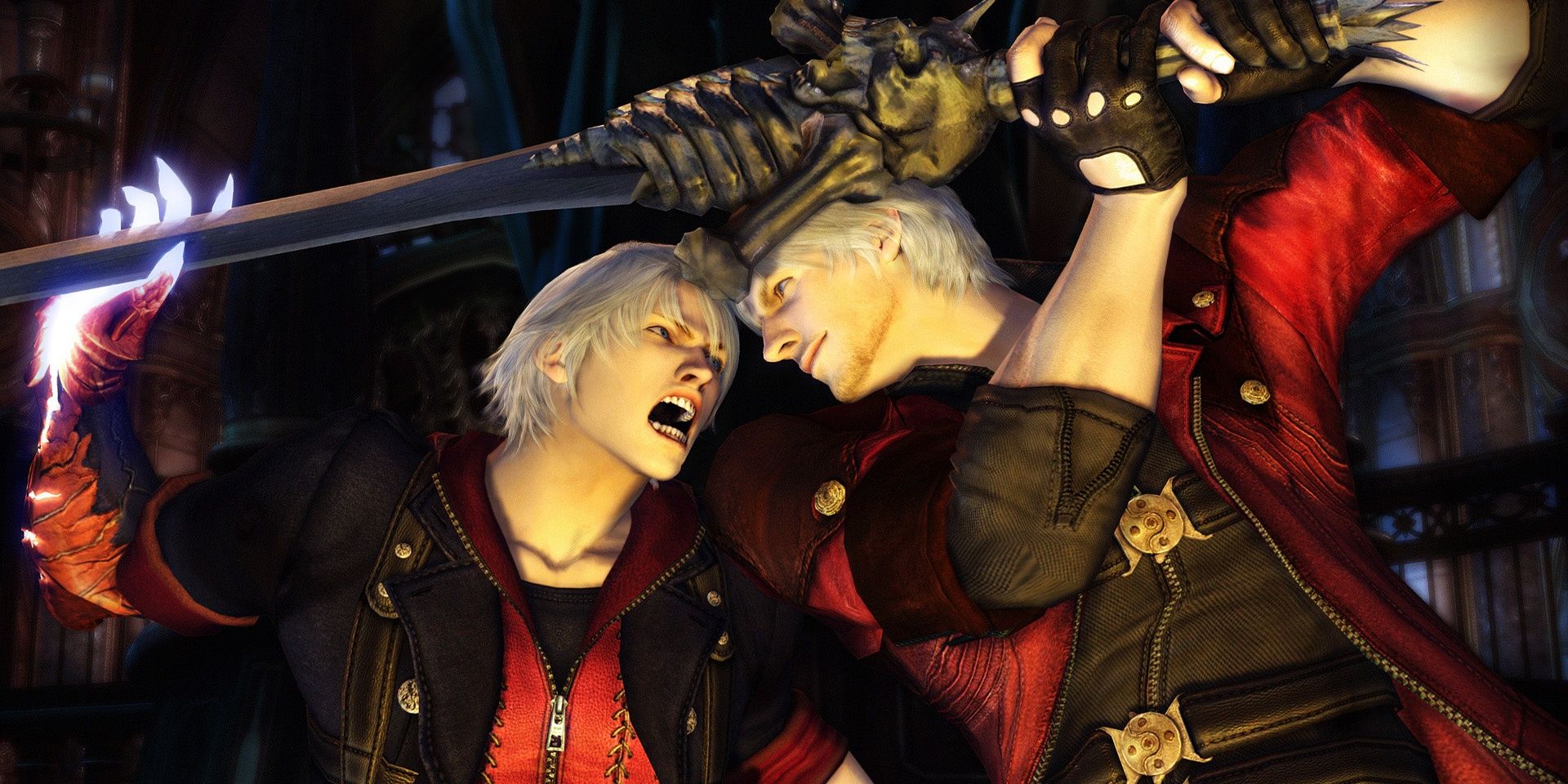 A screenshot showing Nero face to face with Dante in Devil May Cry 4
