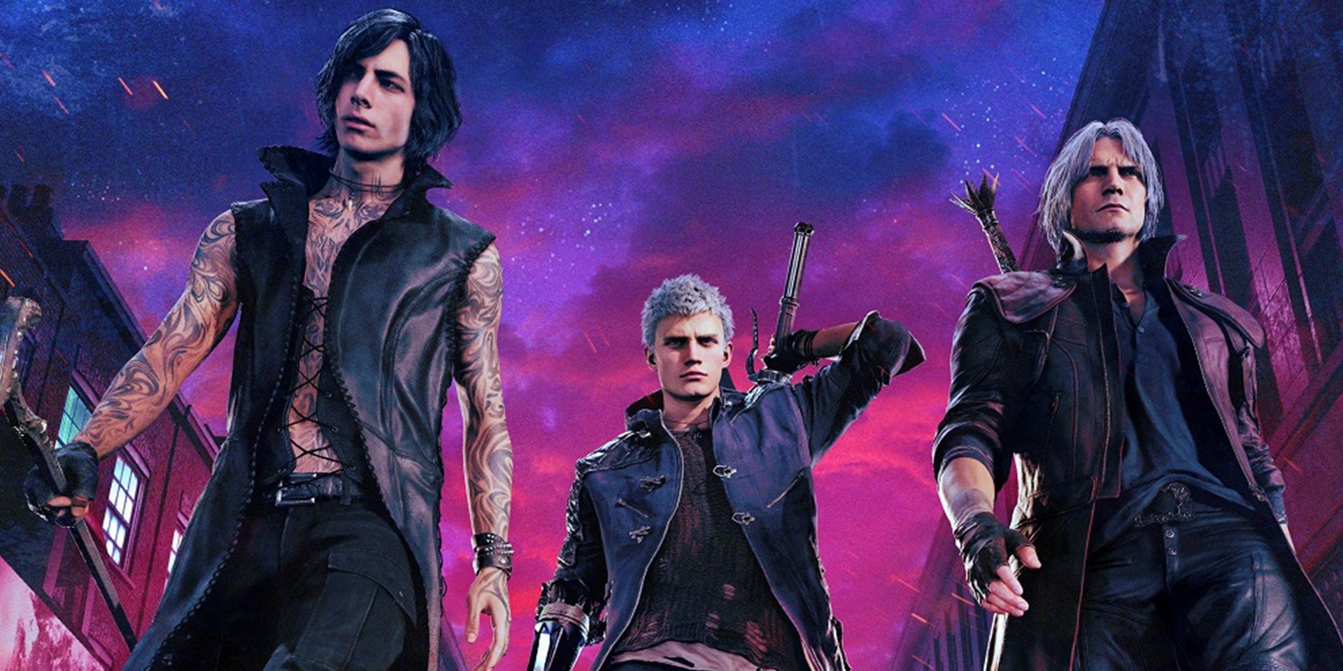 A screenshot showing V, Nero and Dante in Devil May Cry 5