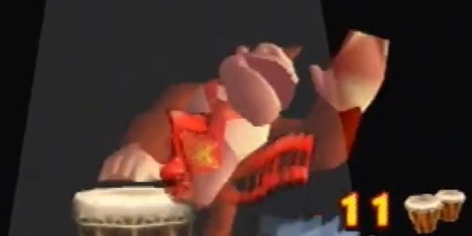 Donkey Kong playing bongos in Donkey Kong 64