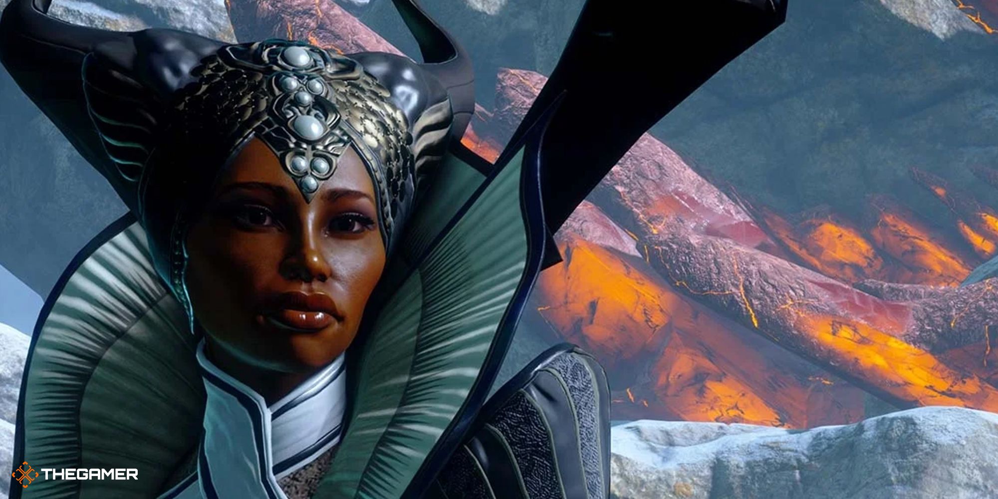 Vivienne wearing her headpiece in the Emprise du Lion in Dragon Age: Inquisition.