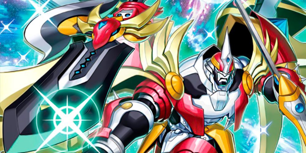 Yu-Gi-Oh Ultimate Dragonic Utopia Ray card art  hero with red armor and multiple swords bursting forth from background