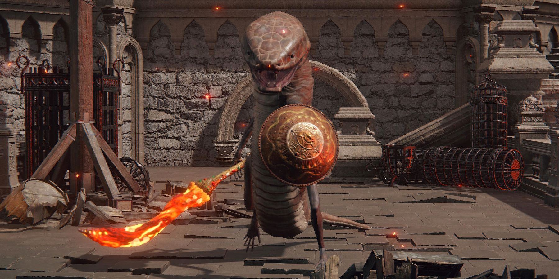 A man-serpent with magma sword and shield approaching the player