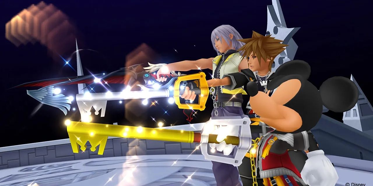 Riku, Sora and Mickey pointing their Keyblades in Kingdom Hearts 2.