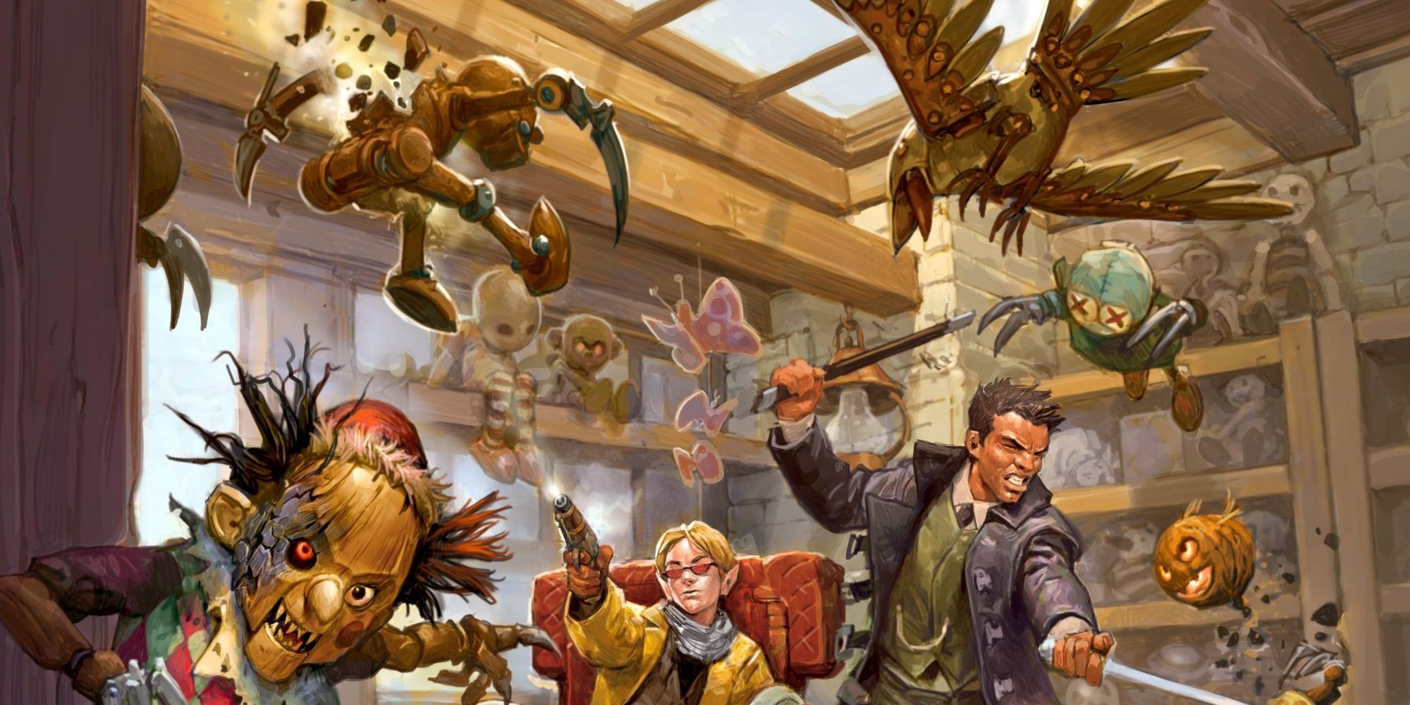 Dungeons & Dragons game store with toys attacking adventurers