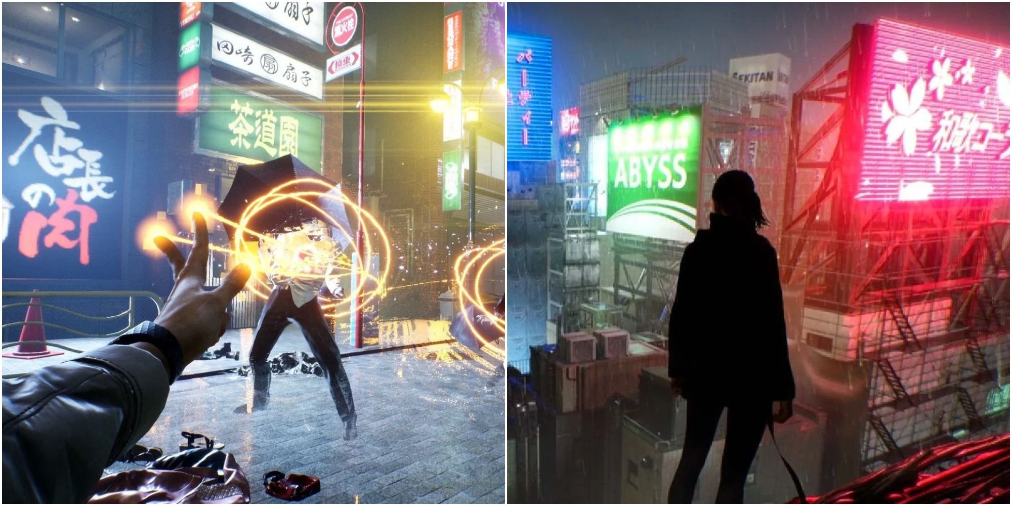 A collage showing gameplay and scenes from Ghostwire: Tokyo