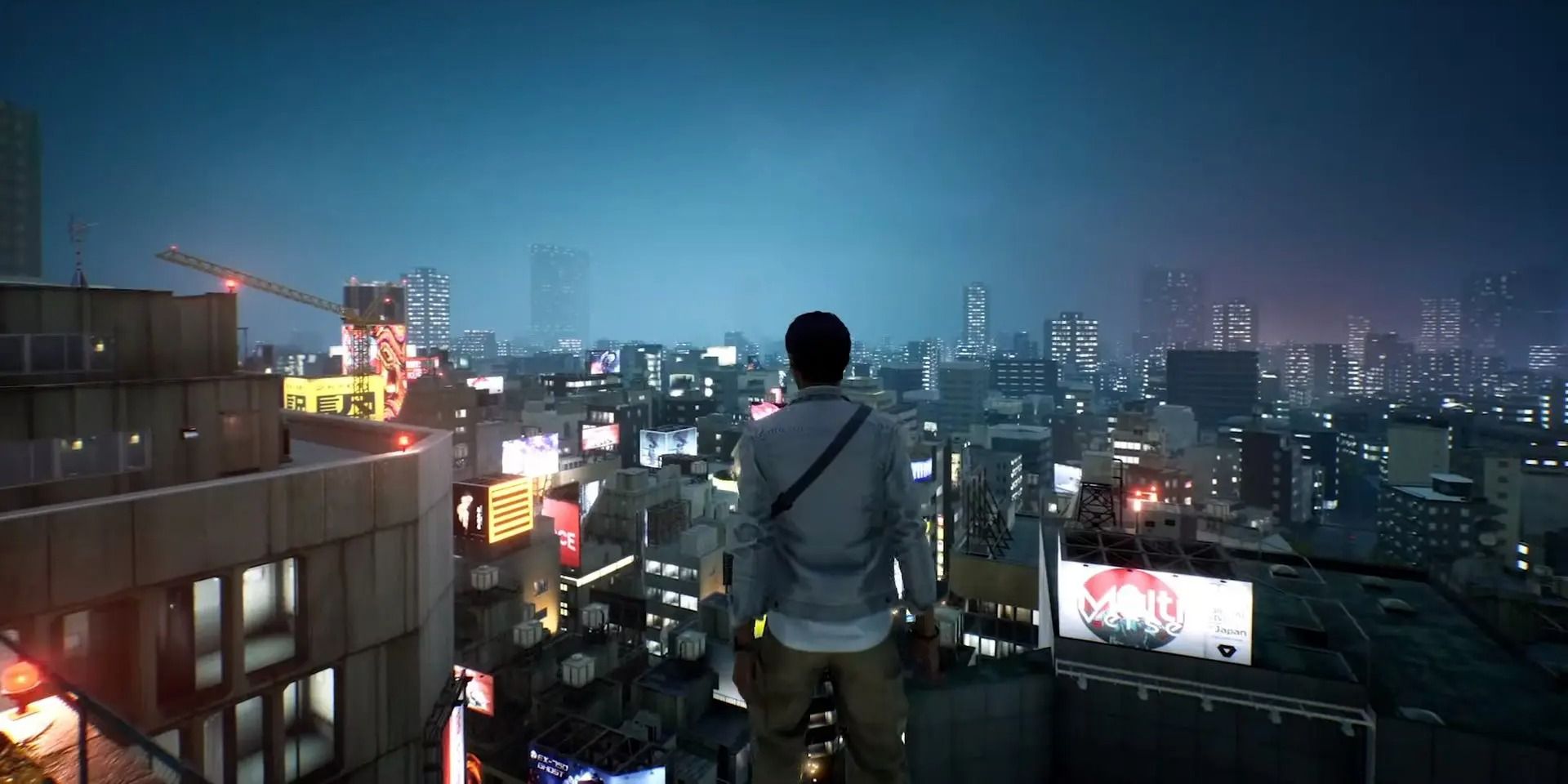 A screenshot showing Akito looking into the distance from the rooftops in Ghostwire: Tokyo