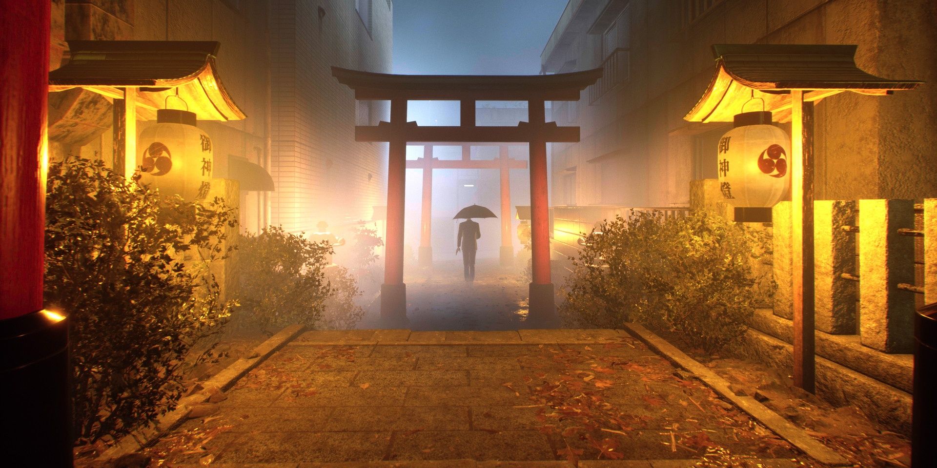 A screenshot showing the silhouette of a man with an umbrella in a deserted alleyway in Ghostwire: Tokyo.