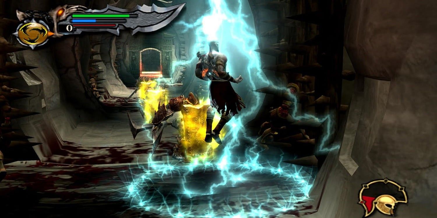 God of War PS2 screenshot of Kratos floating as he powers up