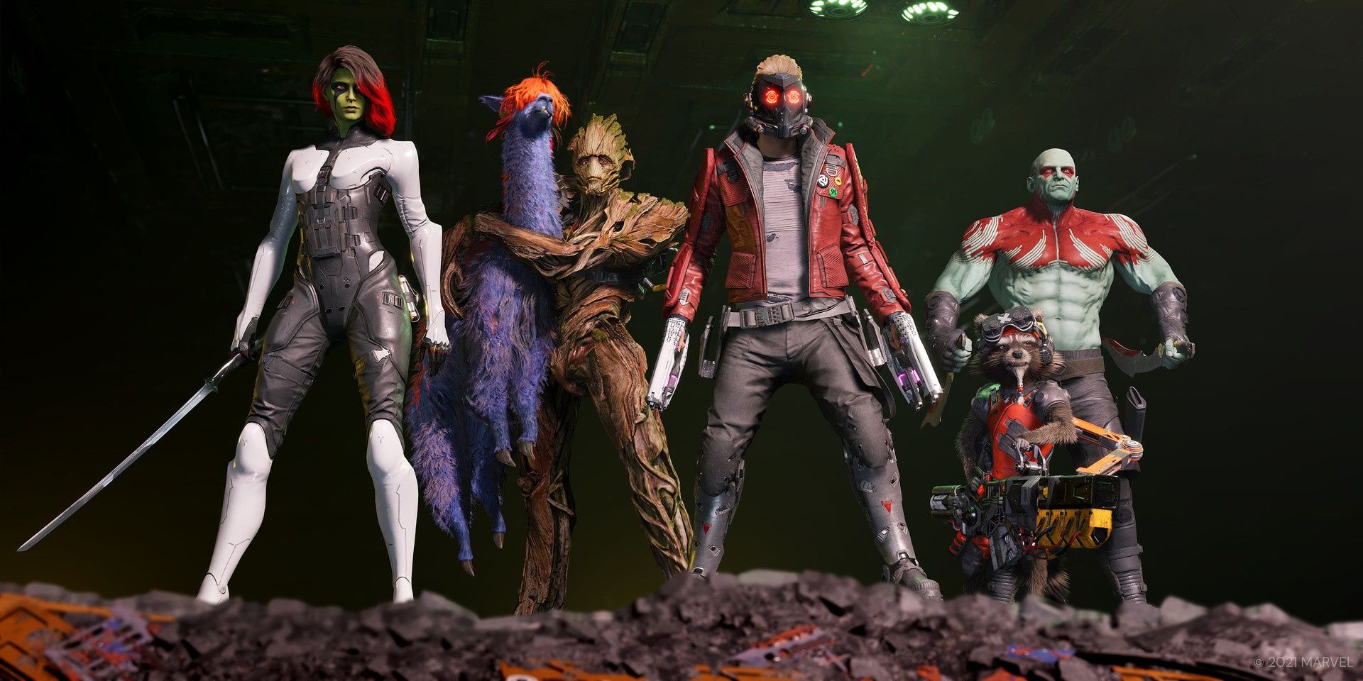 A screenshot showing Gamora, Groot, Star-Lord, Rocket and Drax in Marvel's Guardians of the Galaxy
