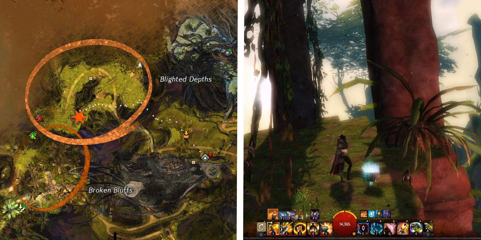 Mellaggan's Valor strongbox map location, next to image of player standing at strongbox