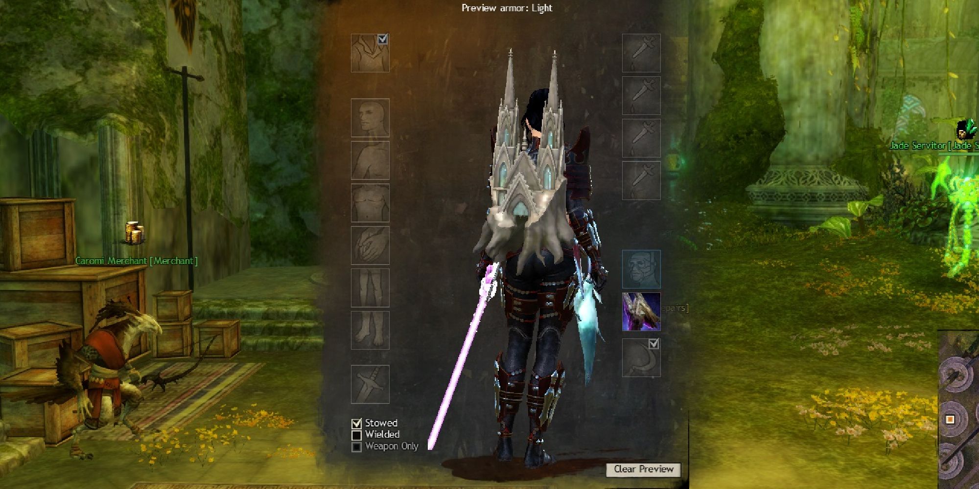 player wearing the Echovald Catherdral Backpiece in equipment preview
