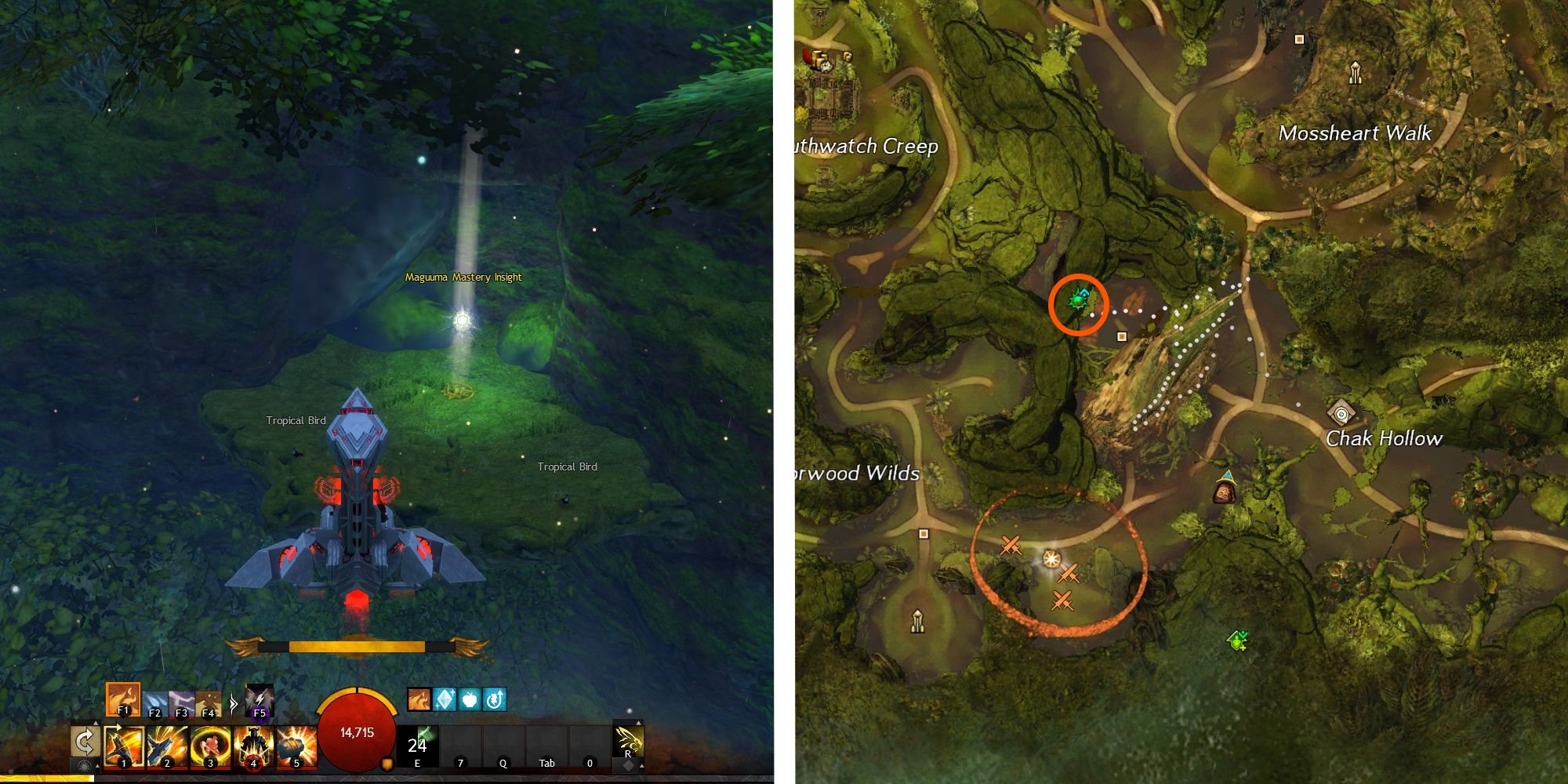 image of player gliding to the Jawatl Grounds Insight next to image of location on map