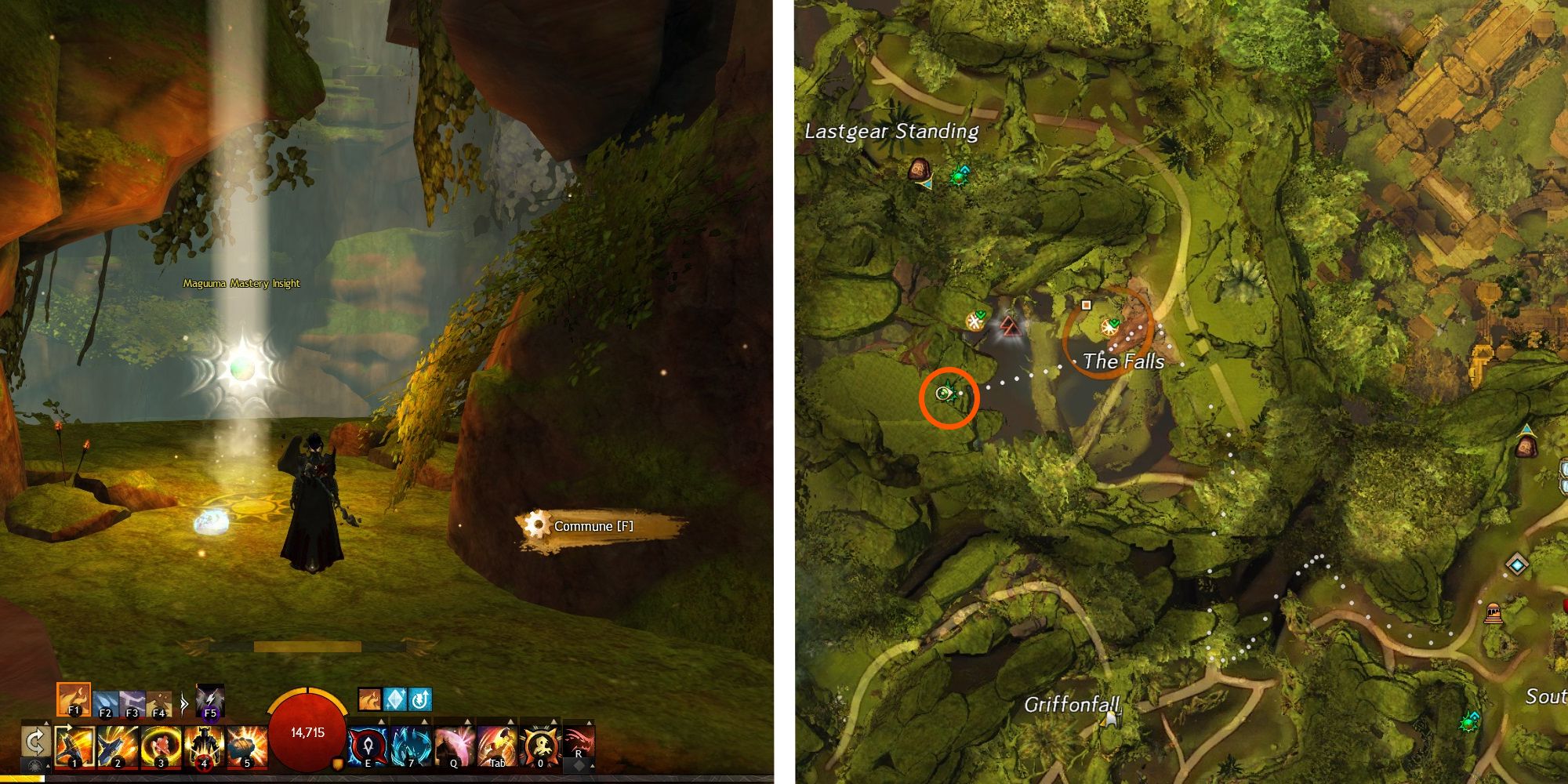 image of player at The Falls Insight next to image of location on map