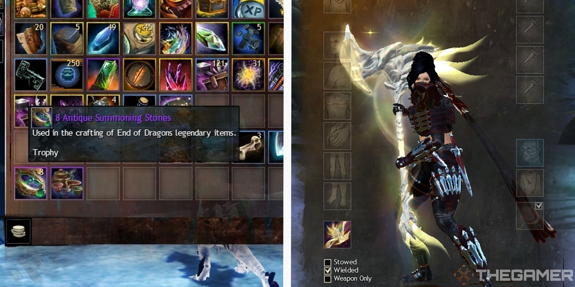 image of antique summoning stones in player inventory, next to image of player holding aurene's weight