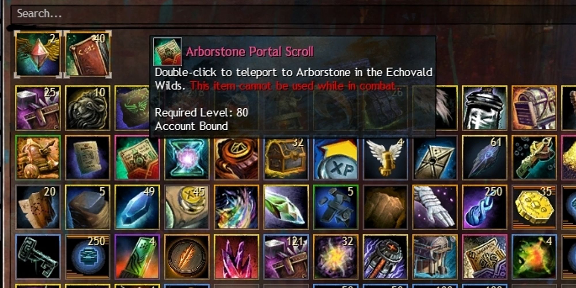 arborstone portal scroll highlighted in player inventory