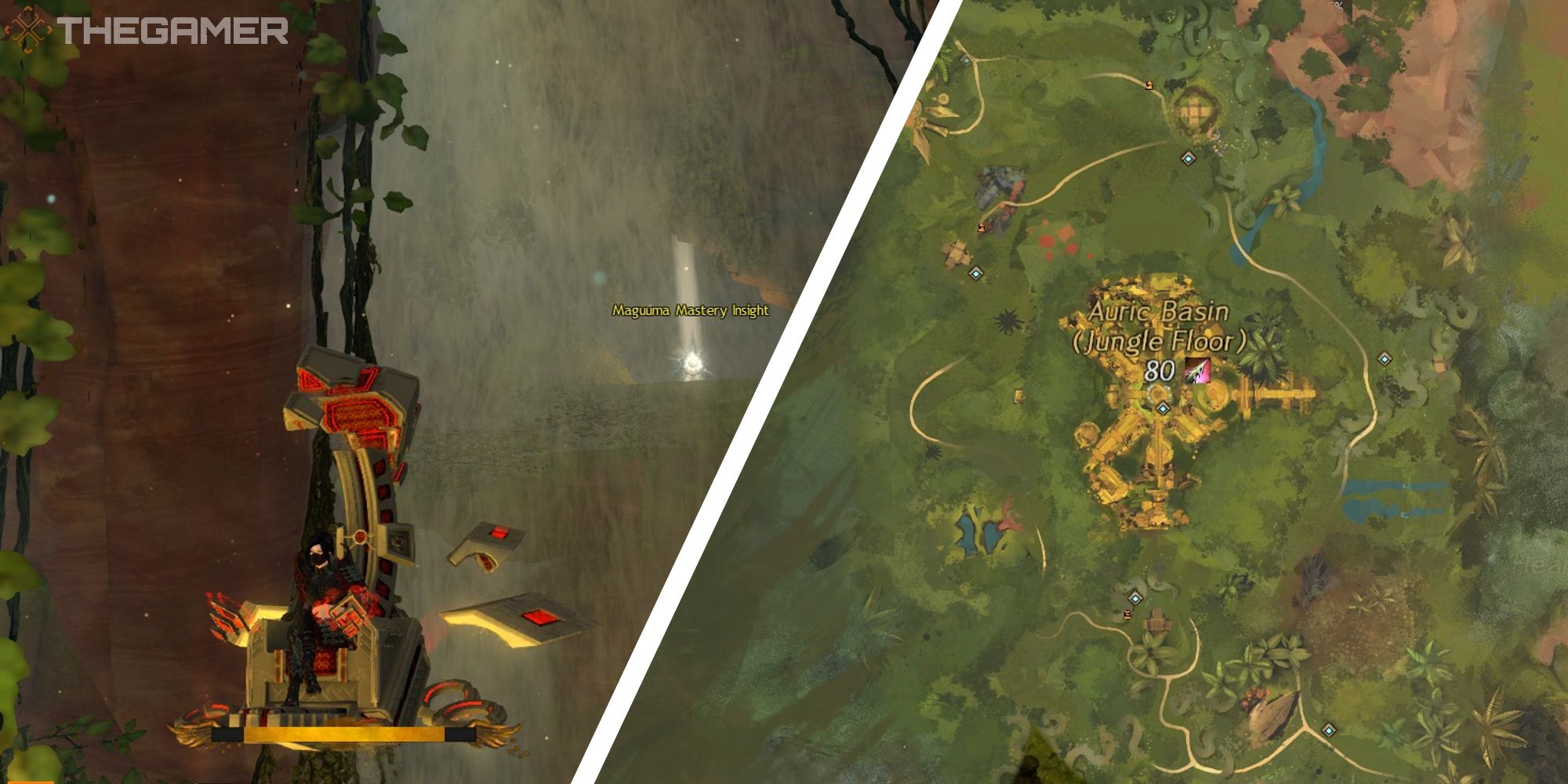 iamge of player gliding away from mastery next to image of auric basin map