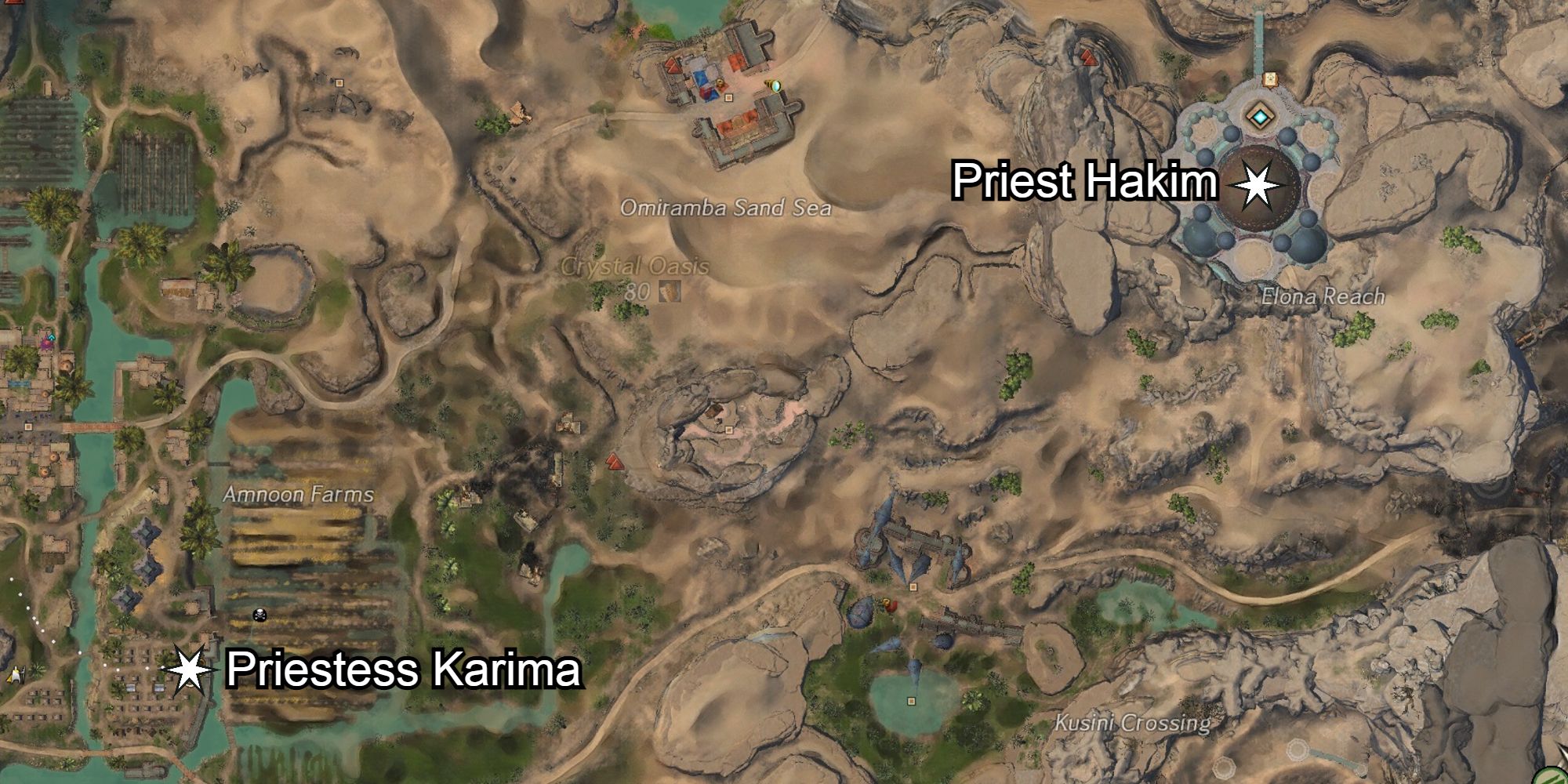 locations of priestess karima and priest hakim on map of crystal oasis