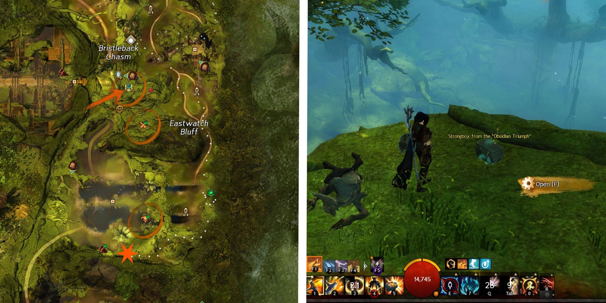 obsidian triumph strongbox marked on map next to image of player standing at box