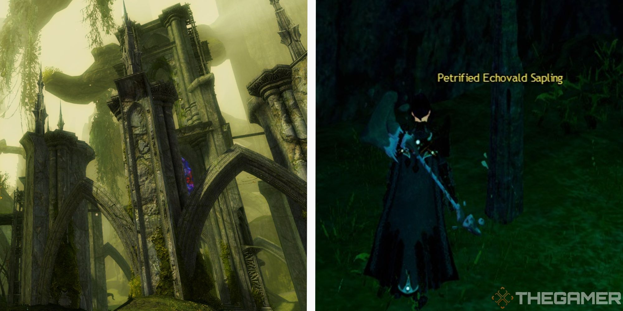 image of echovald wilds next to image of player standing next to petrified echovald sapling