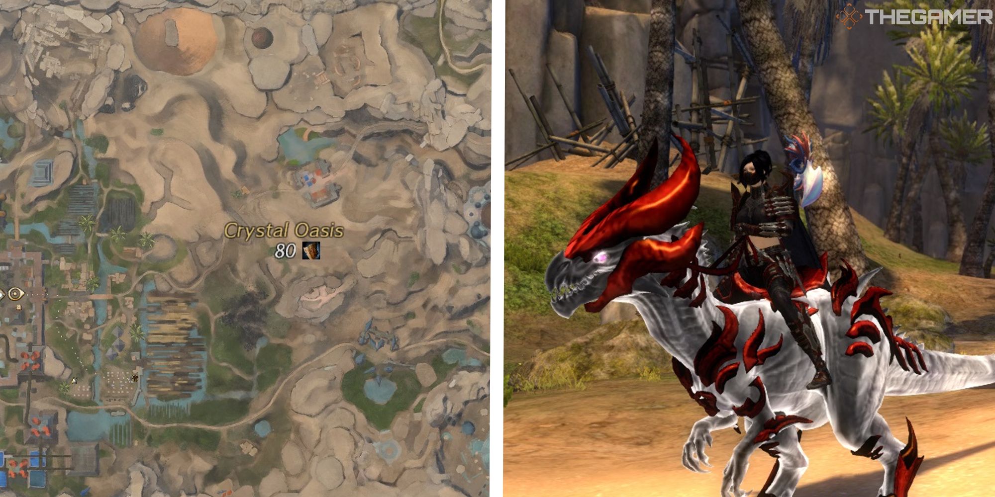 map of crystal oasis next to image of player on raptor mount