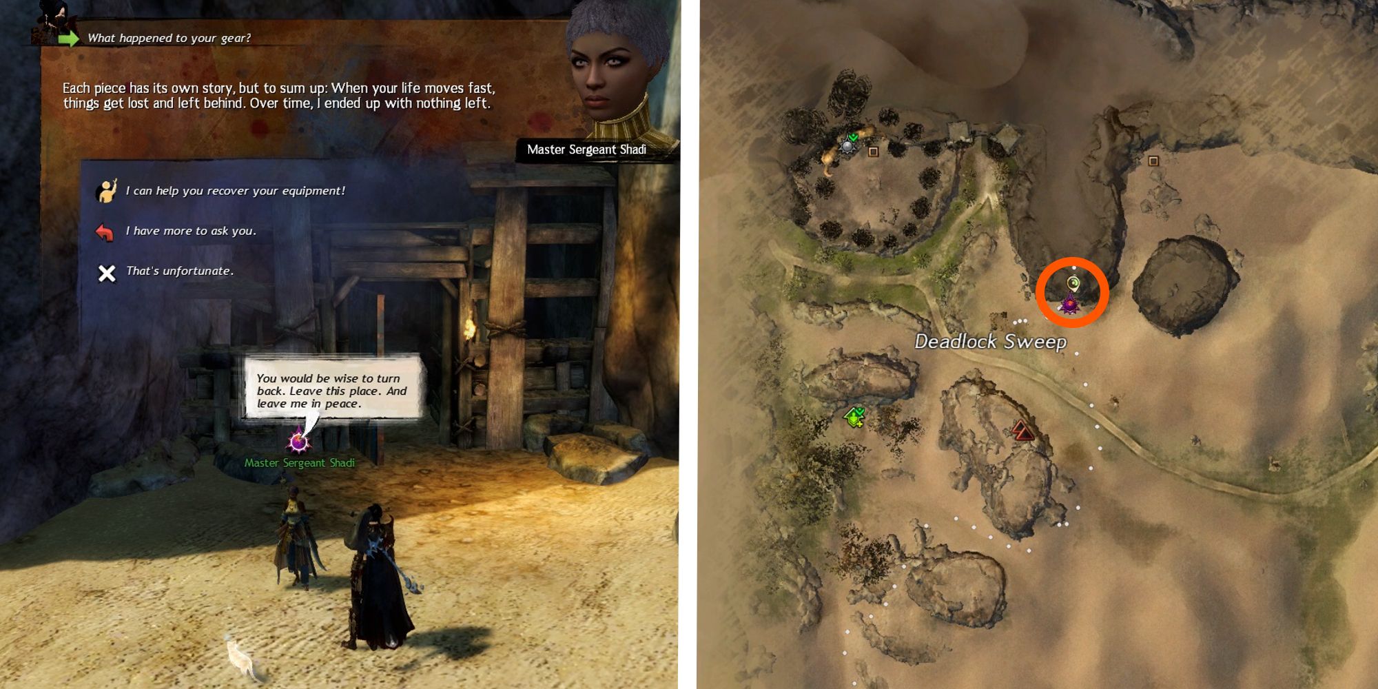 image of player talking to shadi, next to image of shadis location on map