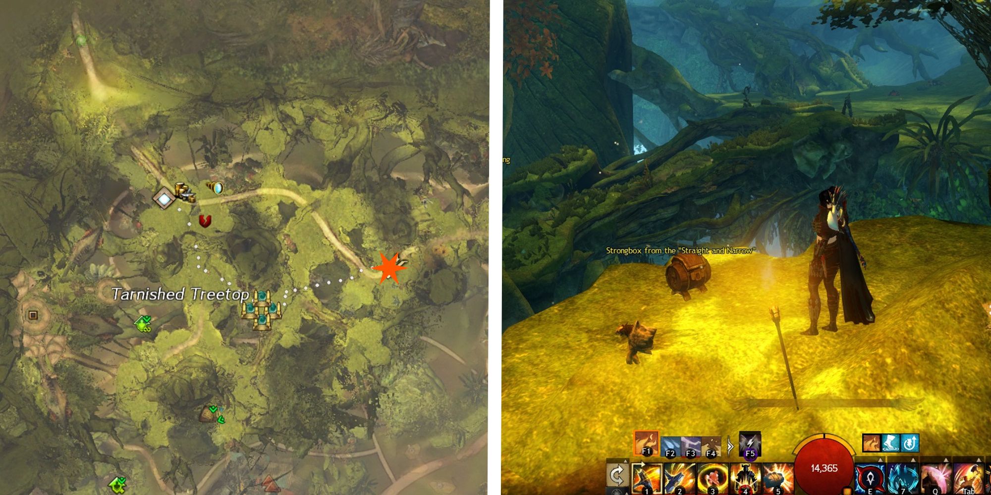 map with straight and narrow strongbox, next to iamge of player standing at the strongbox