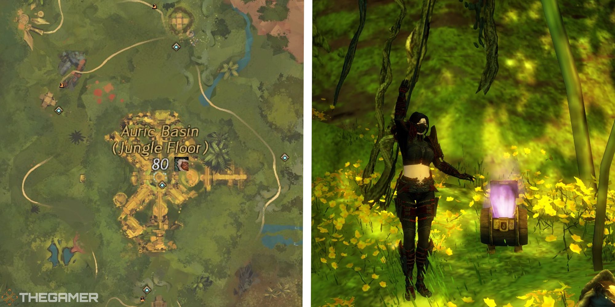 image of auric basin map next to image of player waving next to a strongbox