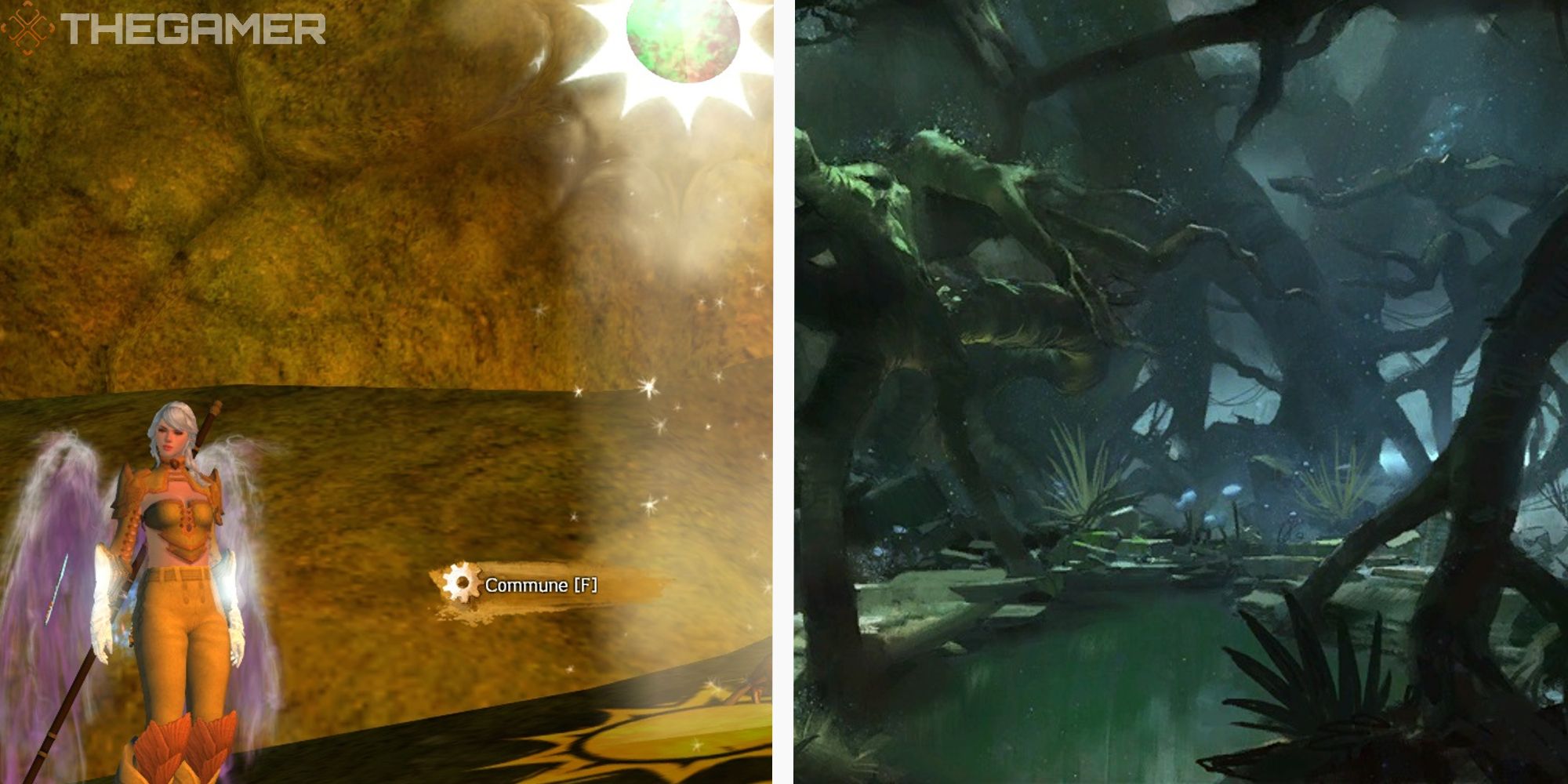 image of player standing at a mastery insight next to image of tangled depths loading screen