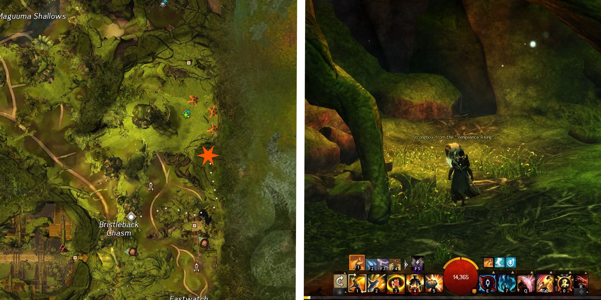 vengance rising strongbox marked on map next to image of player standing at box