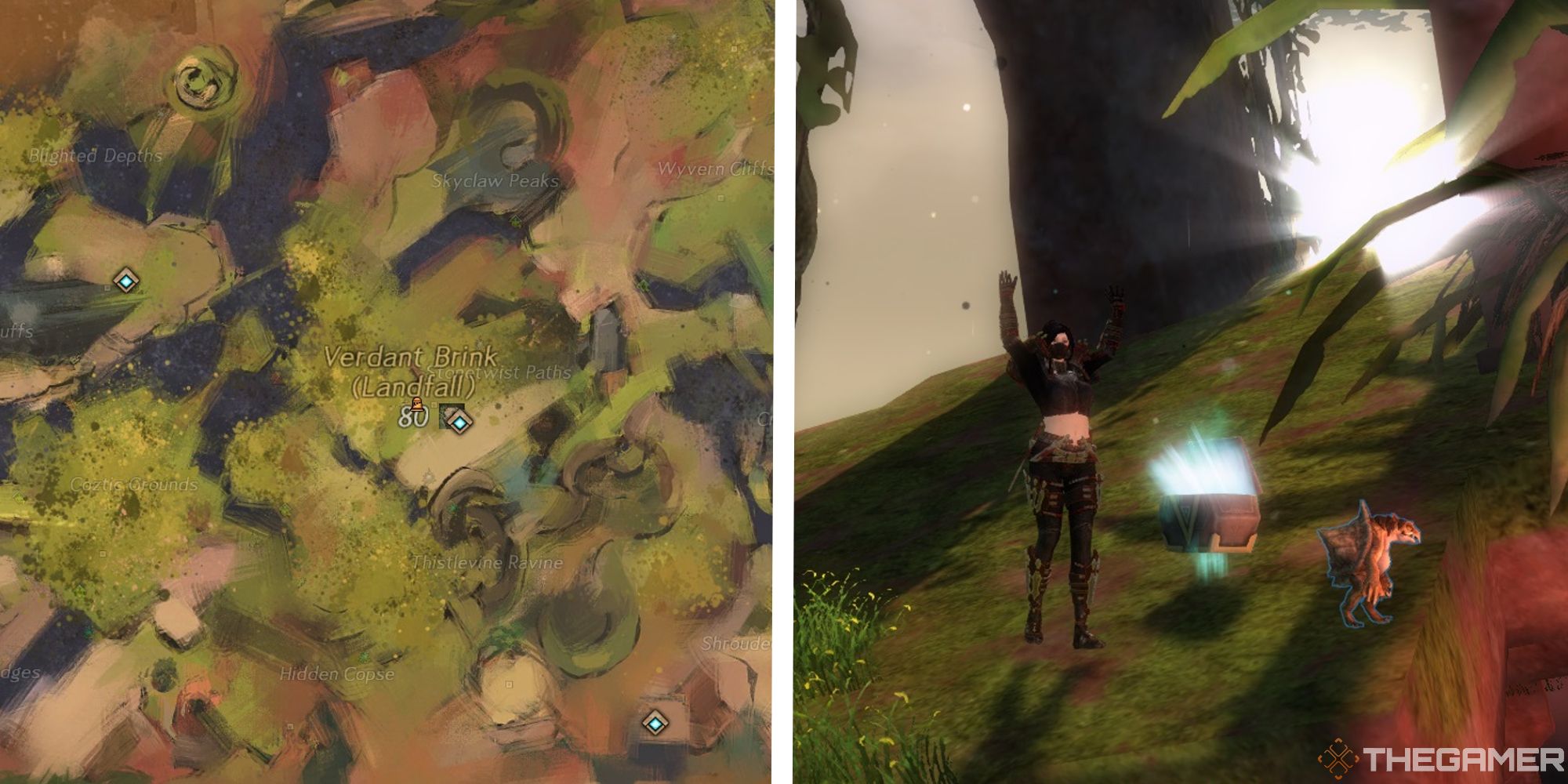 map of verdant brink next to image of player cheering next to a strongbox