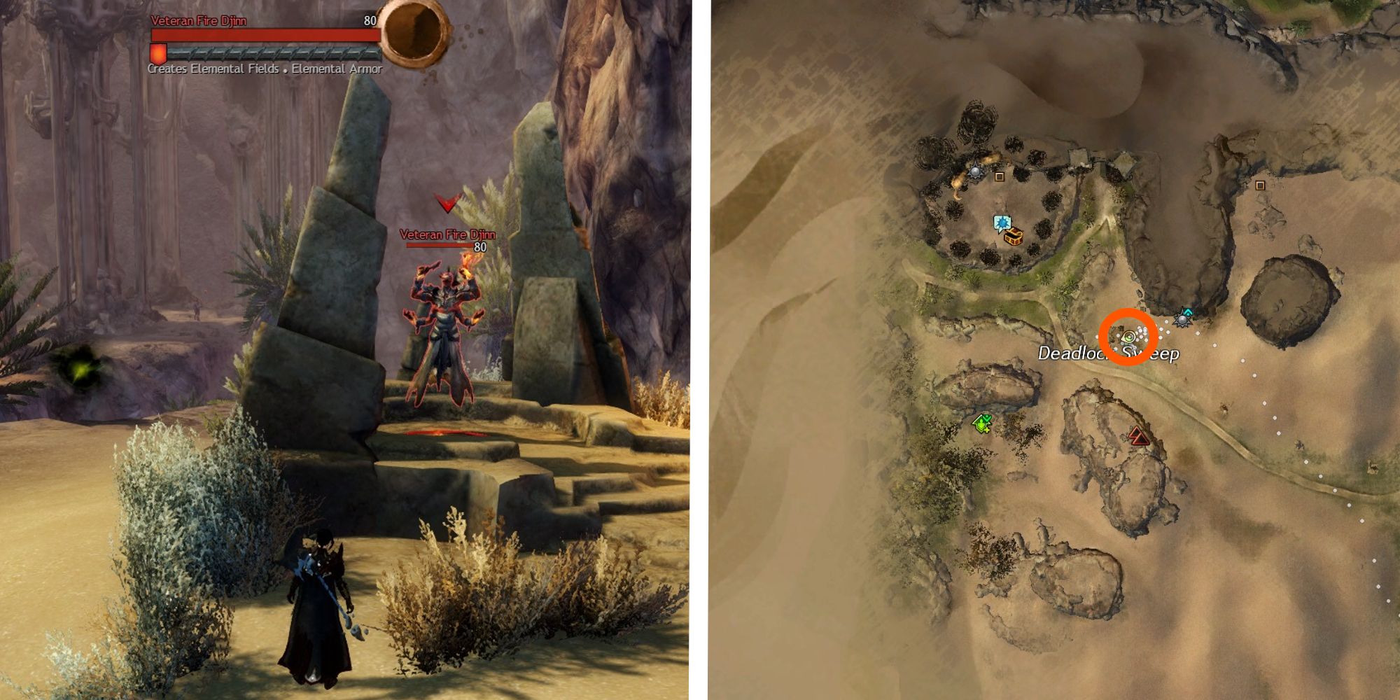 image of player facing veteran fire djinn next to image of location on map