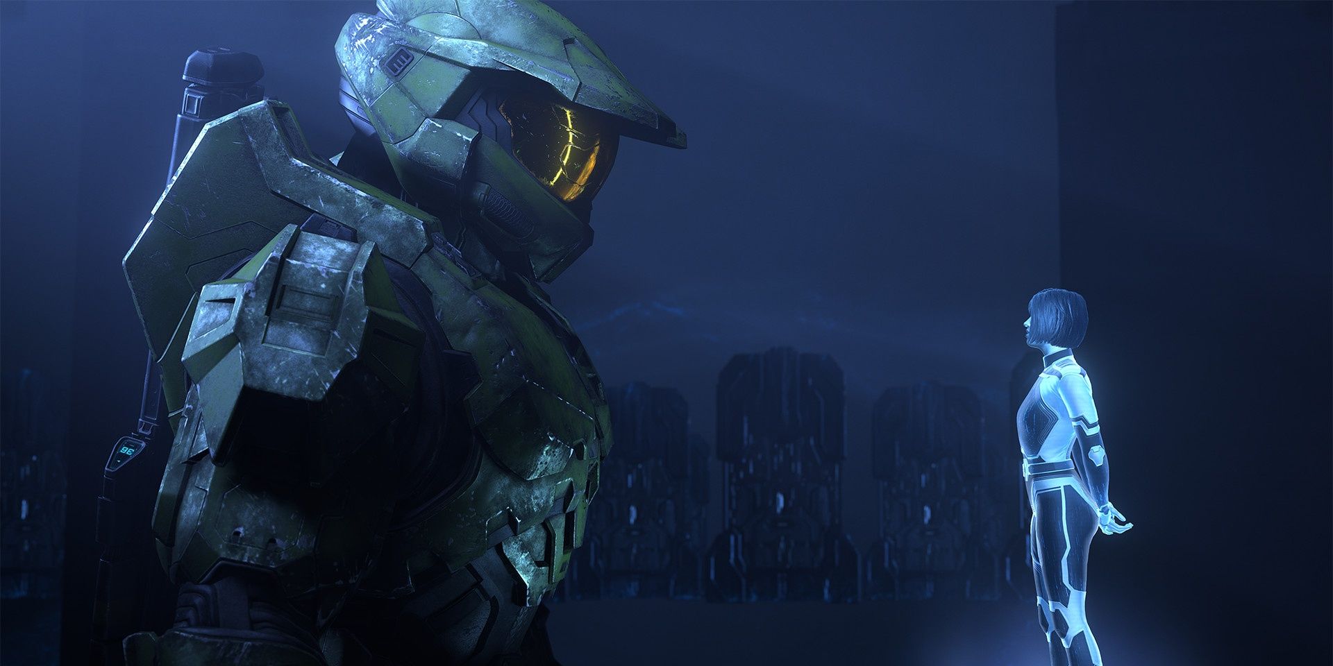 A screenshot showing Master Chief and The Weapon in Halo Infinite