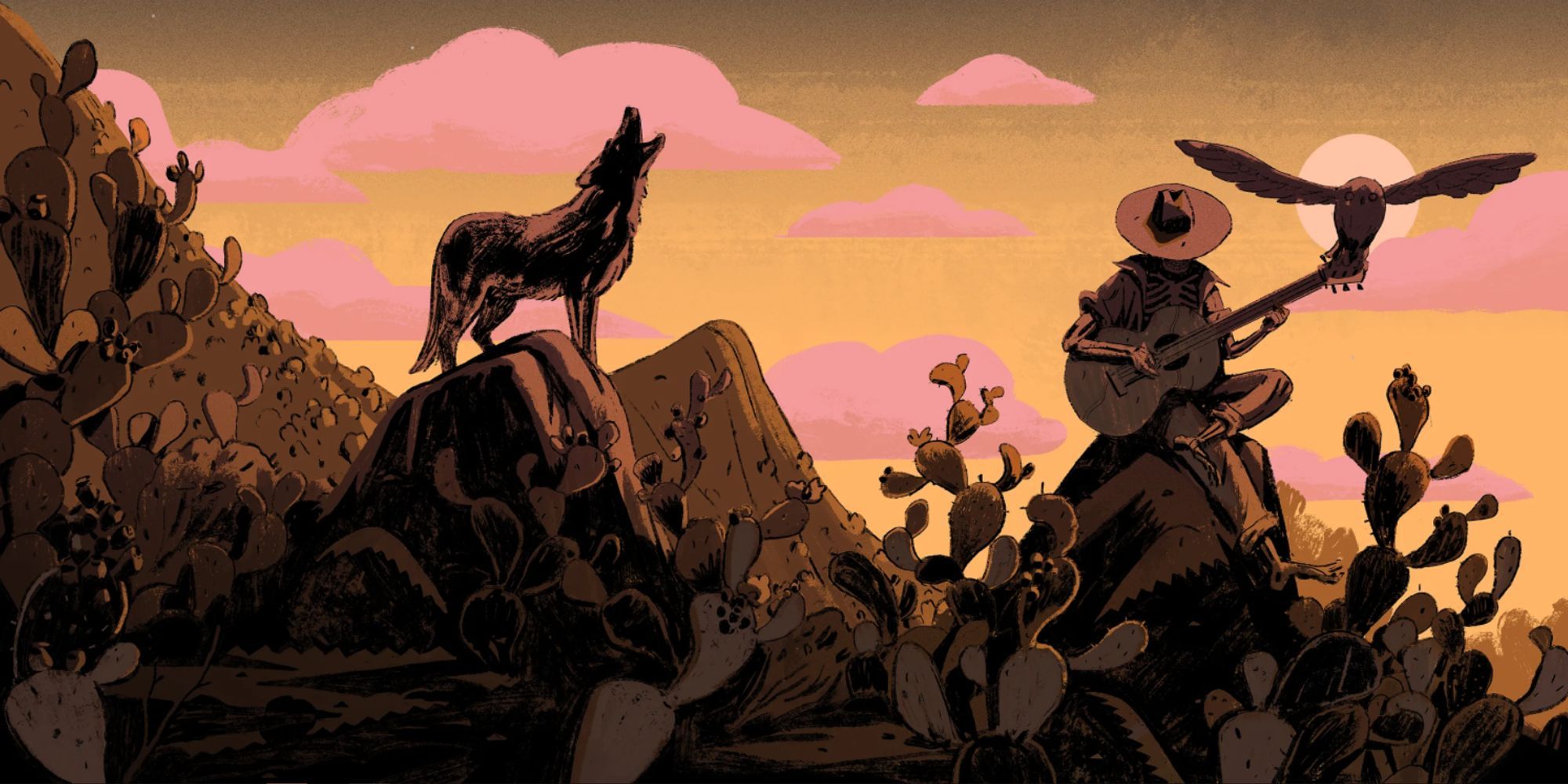 Drawn cowboy playing guitar in desert with wolf and eagle at sunset