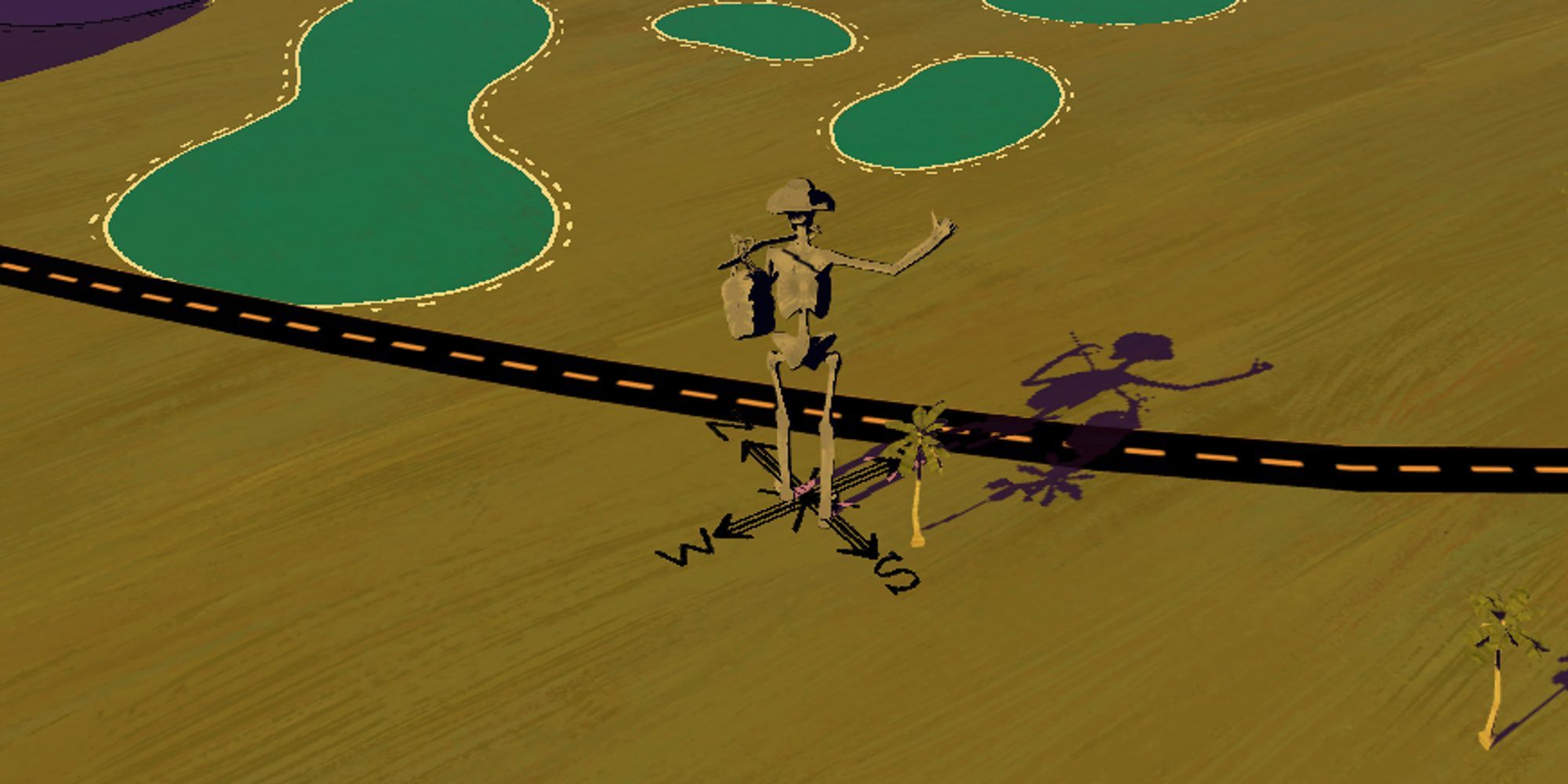 Skeleton hitching a ride next to a road